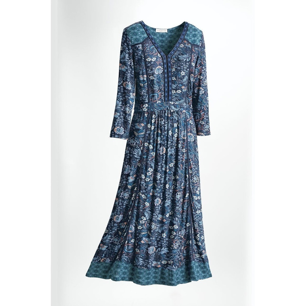 Coldwater Creek Tale of Two Prints Knit Midi Dress 2X Blue Floral Boho Lagenlook